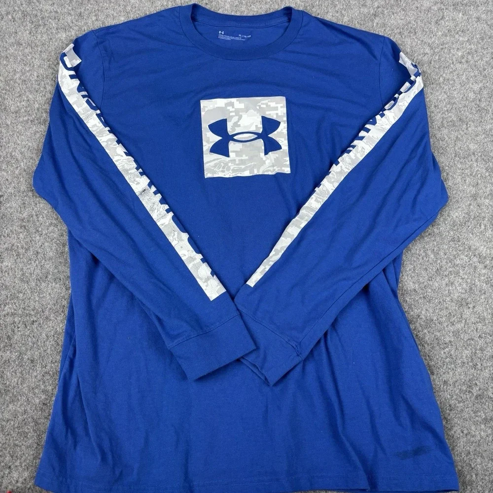 Under Armour Shirt Mens Xl Blue Long Sleeve Athletic Camo Logo Loose Fit Tee